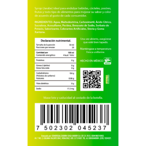 Mexclaito Xero 0% Azúcar Jarabe/Syrop Stevia 1 Litro - etiqueta trasera con información nutrimental